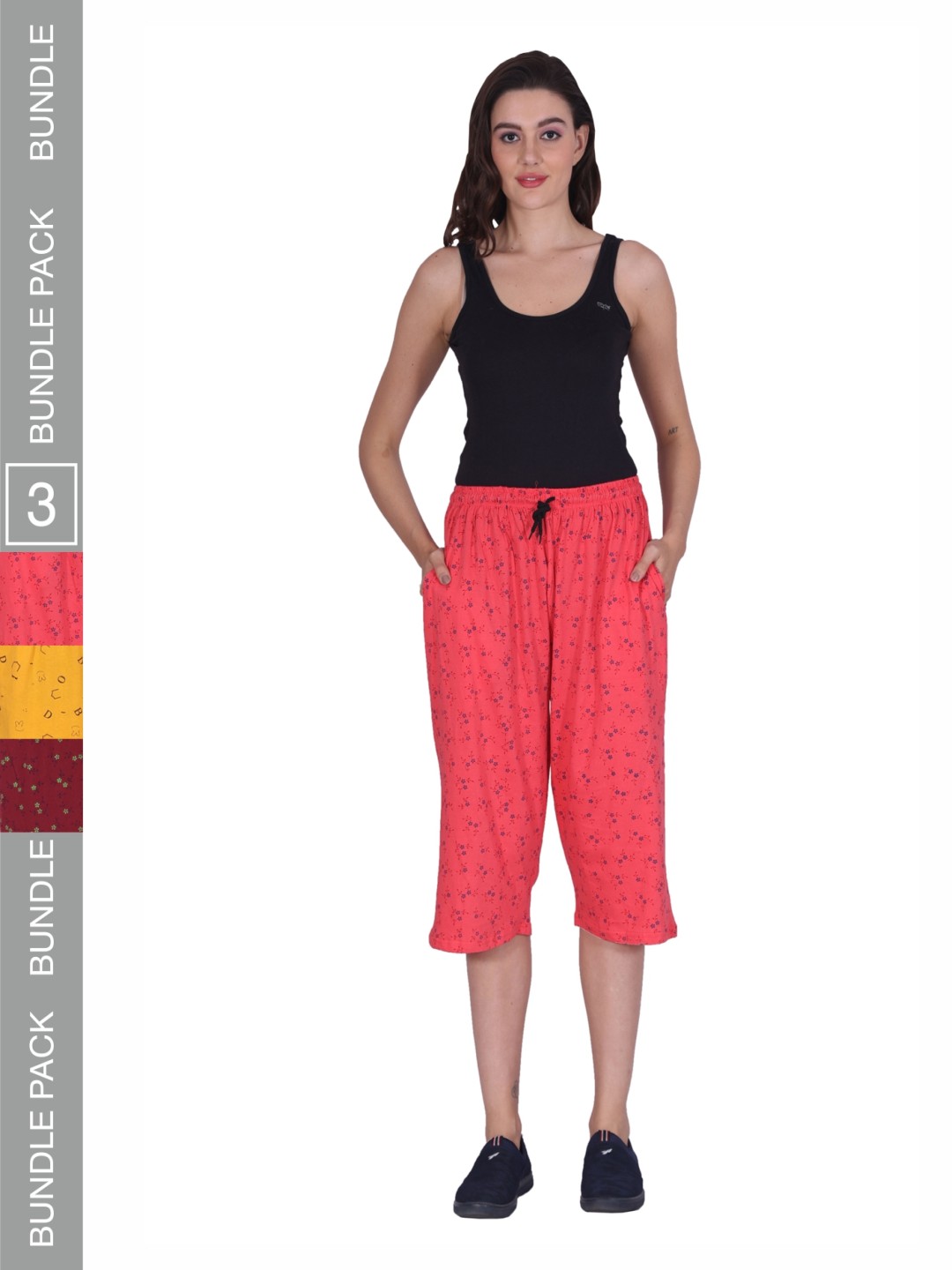 

BAESD Women Pack Of 3 Printed Loose Fit High-Rise Pure Cotton Capris, Maroon