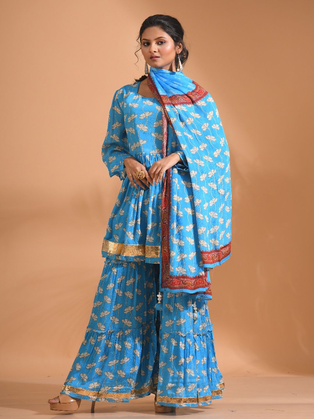 

Morchari Women Floral Printed Angrakha Kurta with Sharara & With Dupatta, Blue