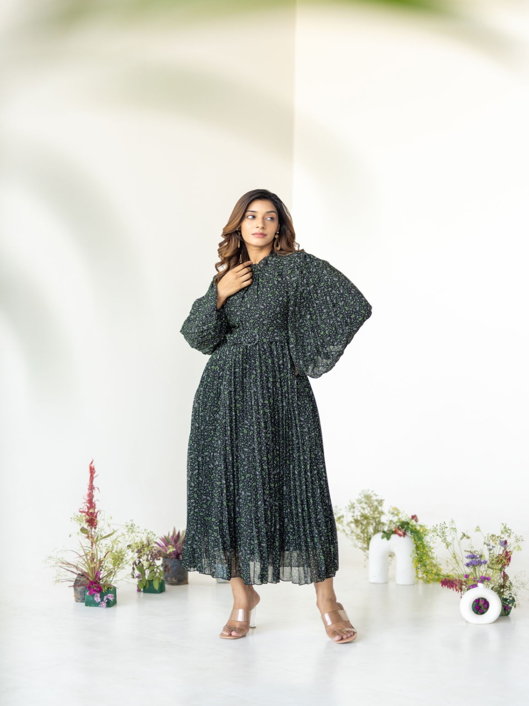

Polago Clothing Print Georgette Maxi Dress, Black