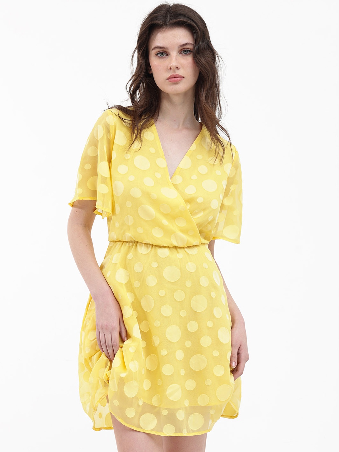 

RAREISM Polka Dot Print Flared Sleeve Fit & Flare Dress, Yellow