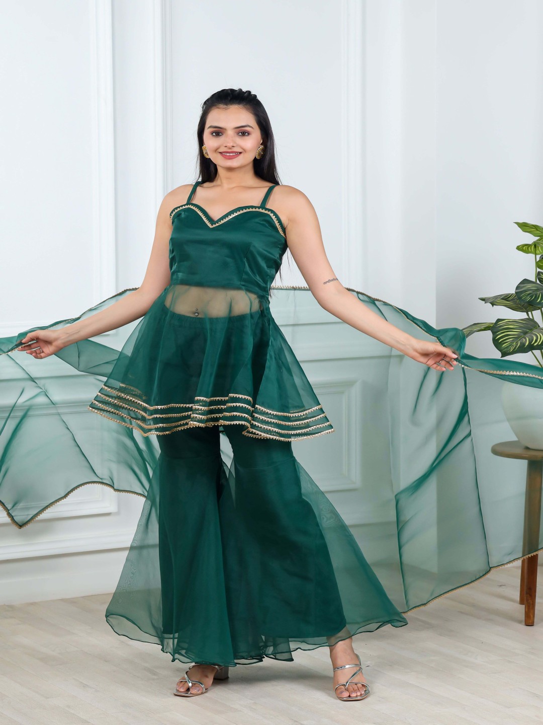 

Vidraa Western Store Gotta Patti A-Line Kurti With Sharara & Dupatta, Green