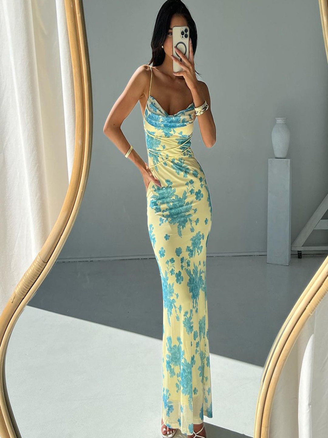 

all about you Floral Print Cowl Neck Bodycon Dress, Yellow