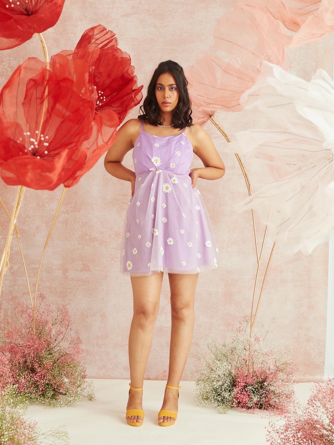 

Lea Clothing Co. Floral Net A-Line Dress, Lavender