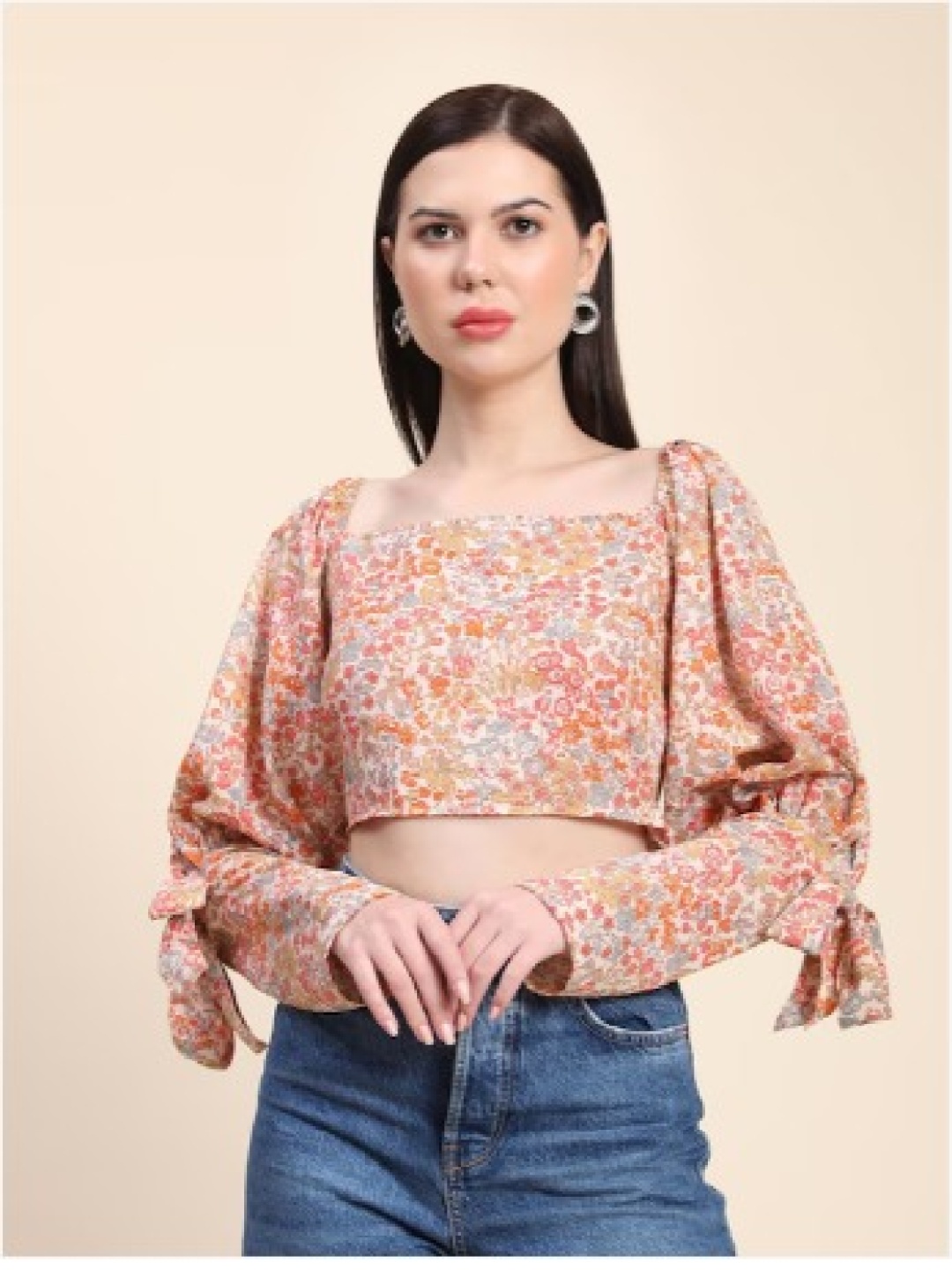 

Rujave Floral Printed Square Neck Puff Sleeve Cotton Crop Top, Cream