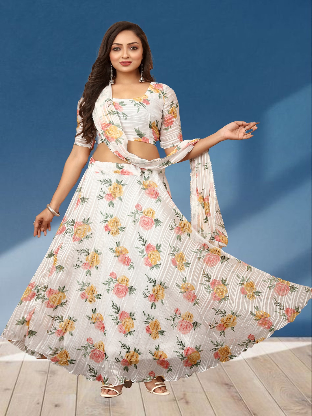 

N N ENTERPRISE Printed Semi-Stitched Lehenga & Unstitched Blouse With Dupatta, Cream