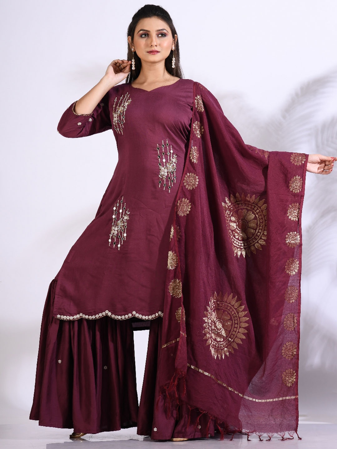 

Morchari Embroidered Kurta , Sharara & Dupatta Set, Maroon