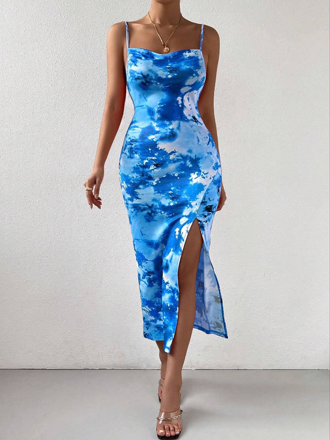 

TANDUL Abstract Print Shoulder Straps Sheath Midi Dress, Blue