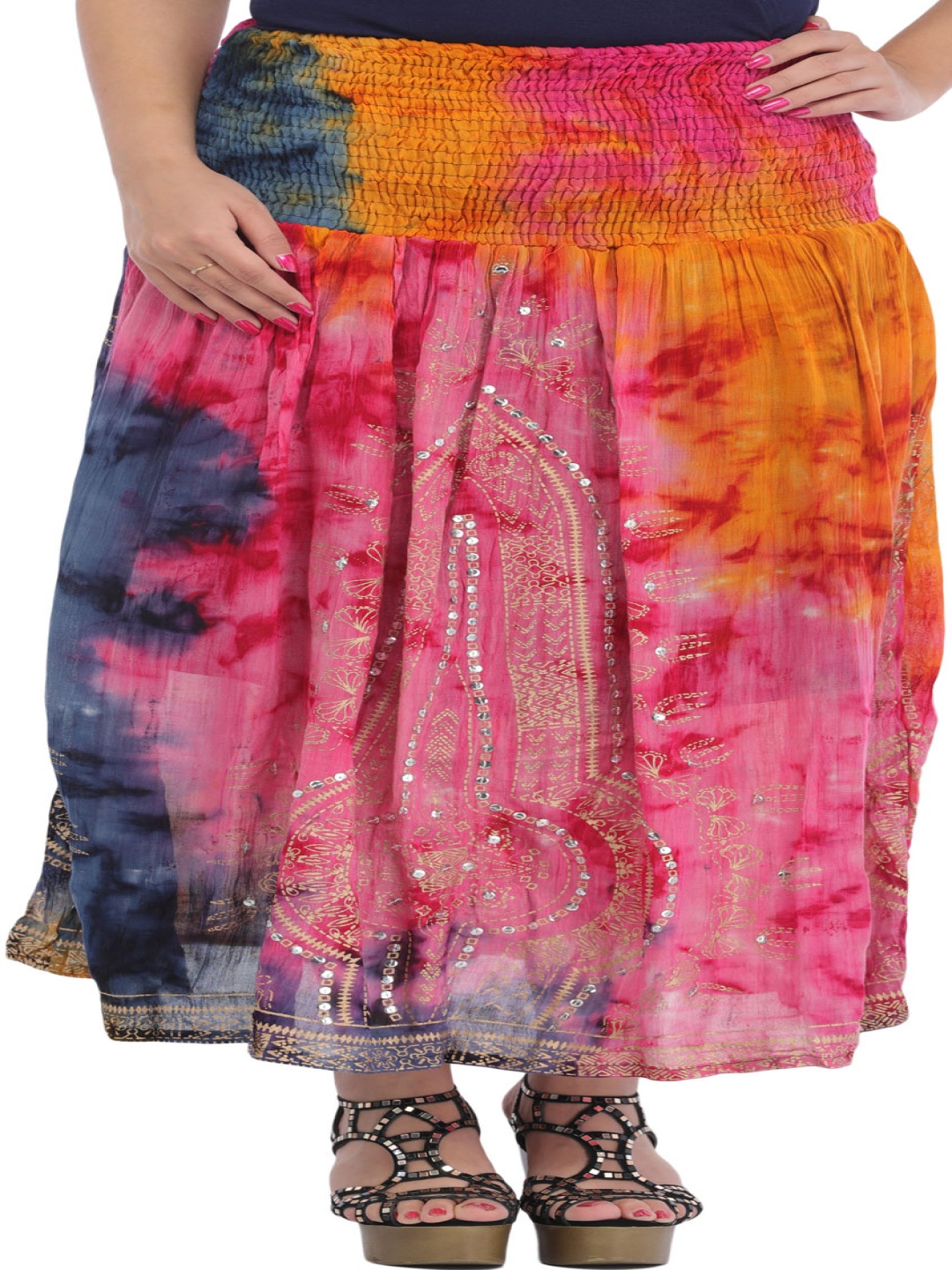 

Exotic India Embroidered Tiered Maxi Skirts, Pink