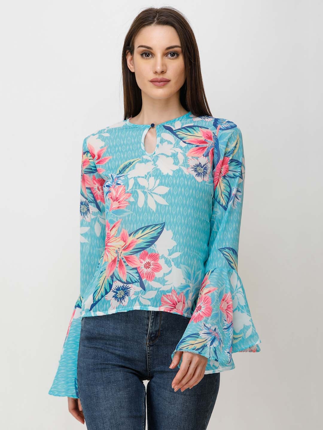 

BAESD Floral Print Keyhole Neck Bell Sleeve Georgette Top, Blue