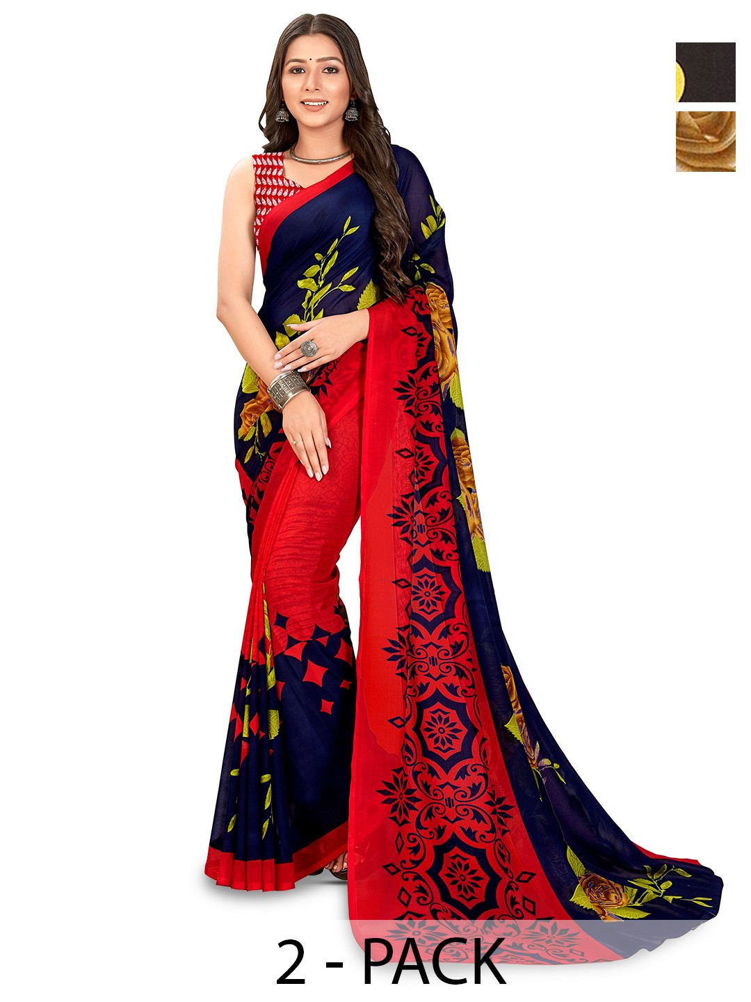 

ANAND SAREES Pack of-2 Floral Saree, Black