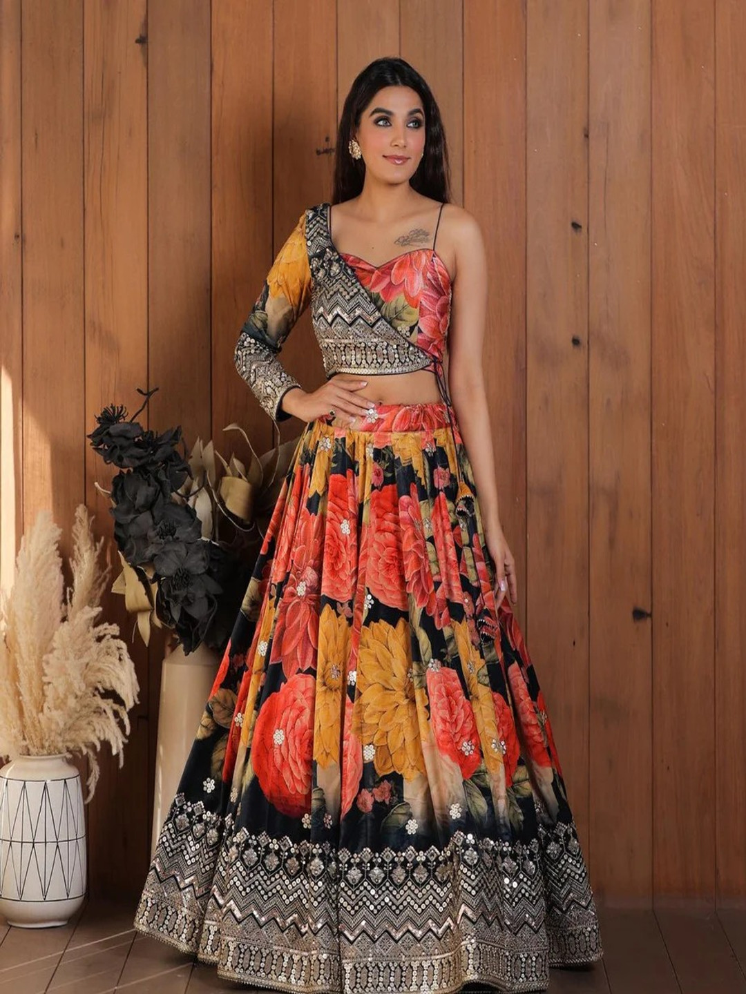 

Fashionuma Embroidered Sequinned Silk Ready to Wear Lehenga & Blouse With Dupatta, Black