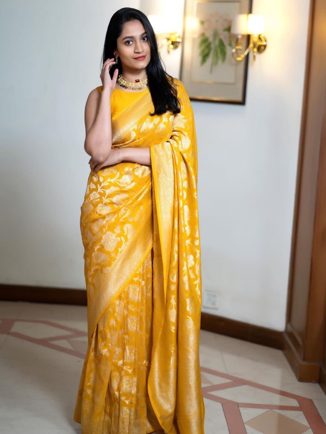 

Upalksh Ethnic Motif Zari Woven Kanjeevaram Saree, Yellow