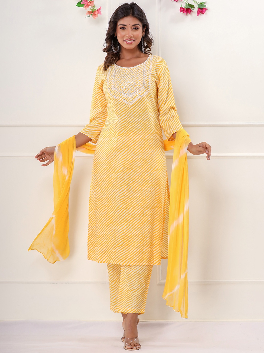 

Chandbaali Women Ethnic Motifs Embroidered Regular Sequinned Pure Cotton Kurta with Trousers & With Dupatta, Yellow