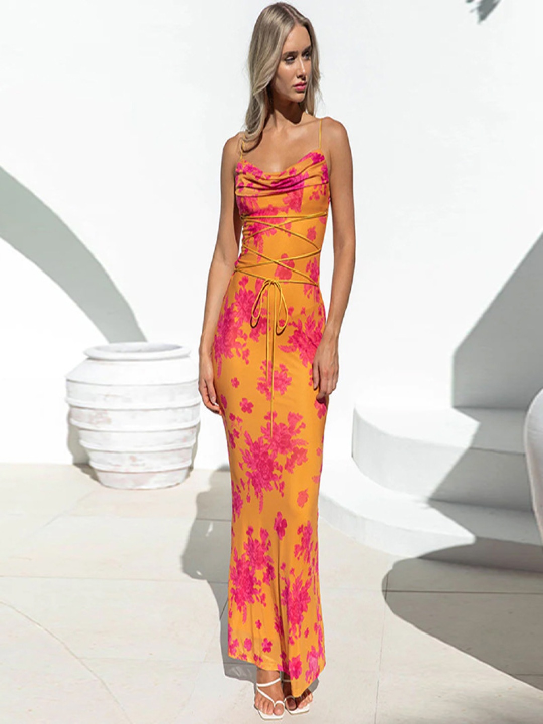 

all about you Floral Print Cowl Neck Bodycon Dress, Orange