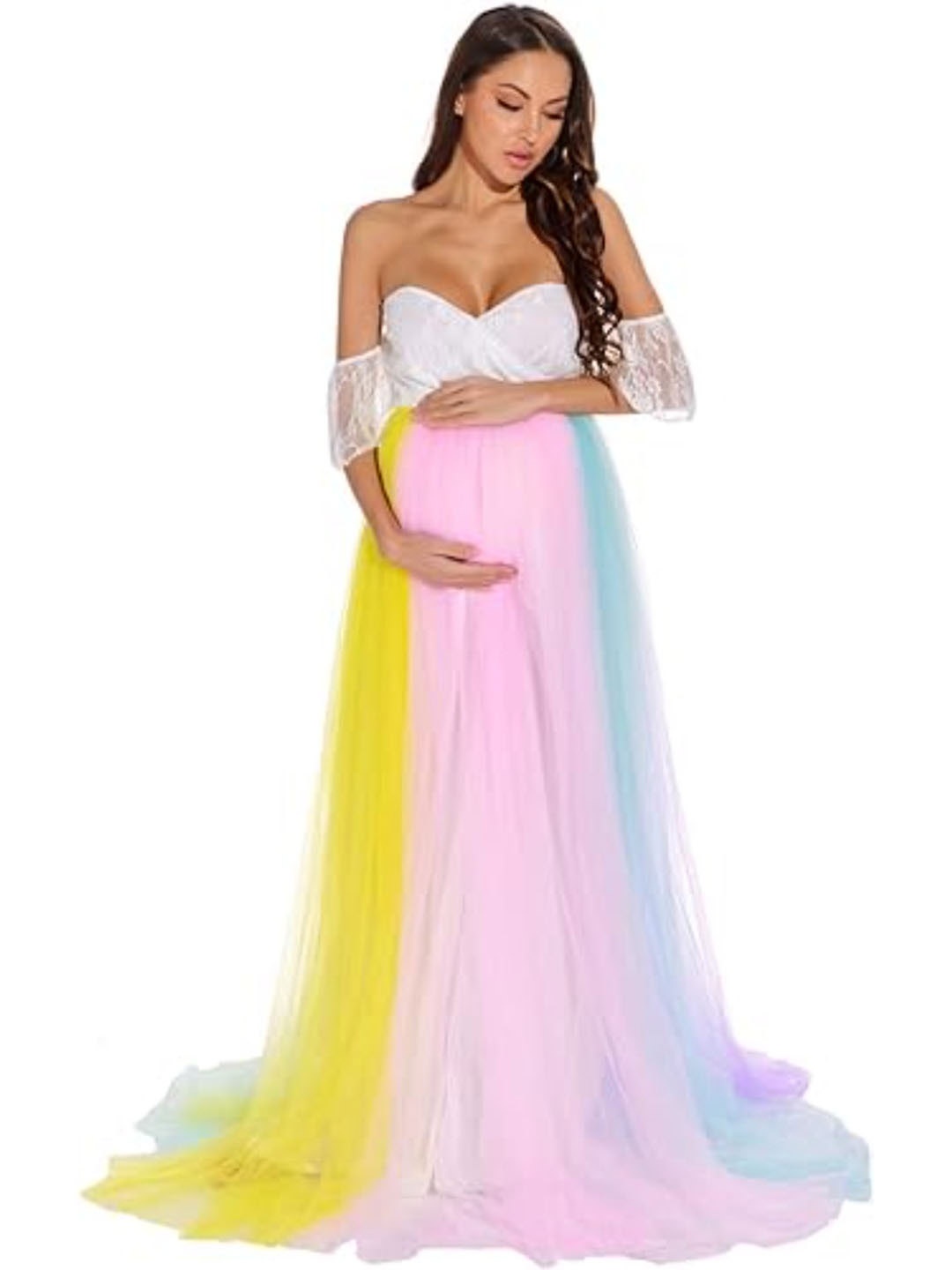 

Babymoon Rainbow Off Shoulder Maternity Gown Dress, Multi