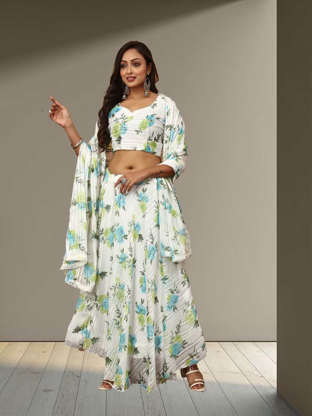 

N ENTERPRISE Printed Gotta Patti Semi-Stitched Lehenga & Unstitched Blouse With Dupatta, White