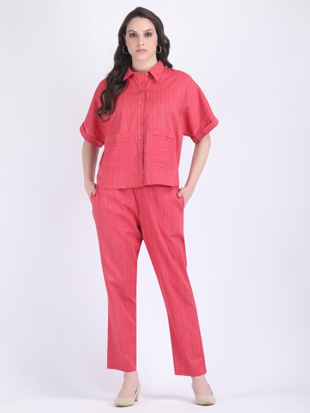 

HUE & HIDE Striped Shirt Collar Short Sleeves Shirt With Trouser, Maroon