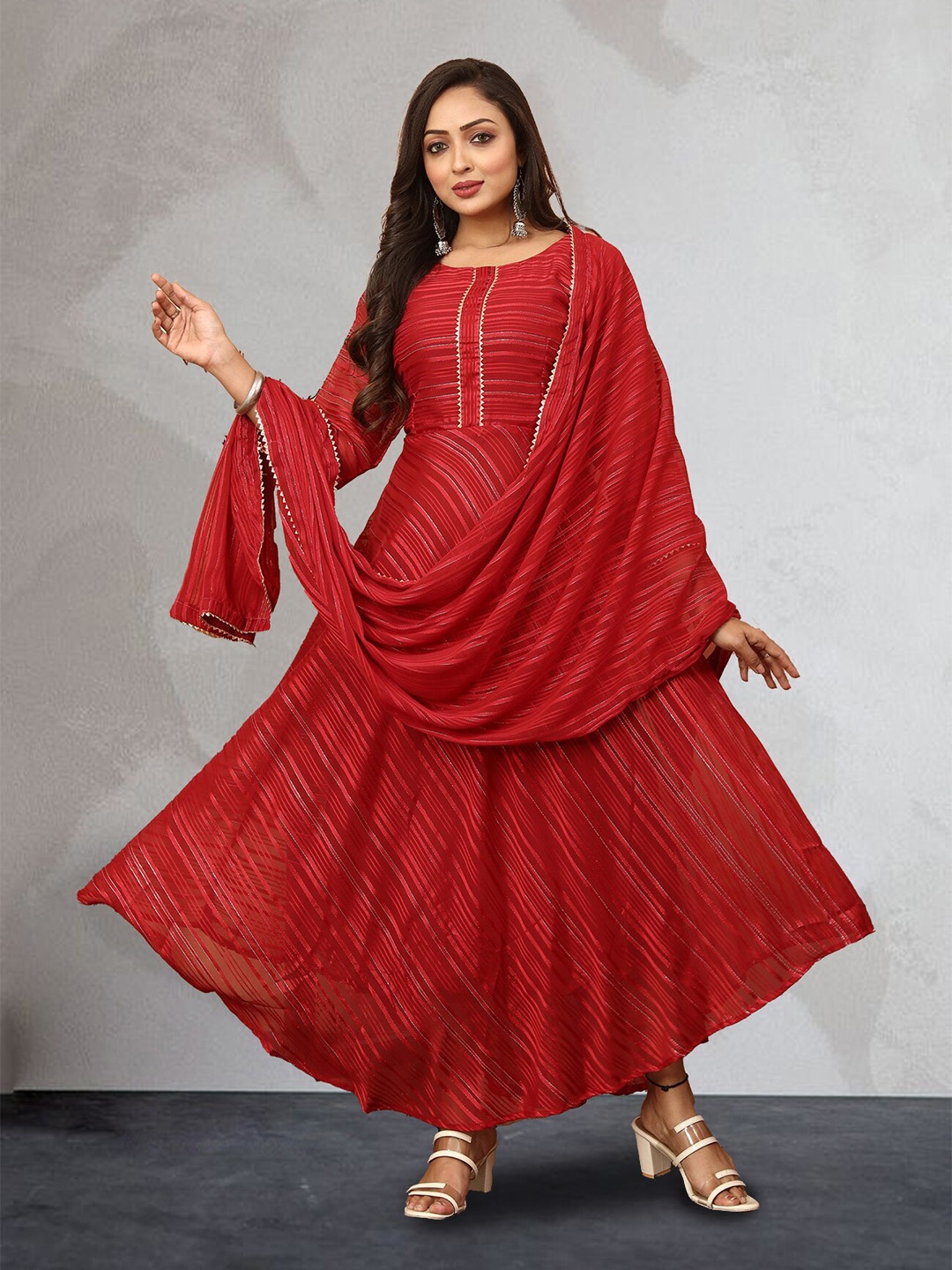 

N N ENTERPRISE Round Neck Long Sleeve Georgette Maxi Dress with Dupatta, Red