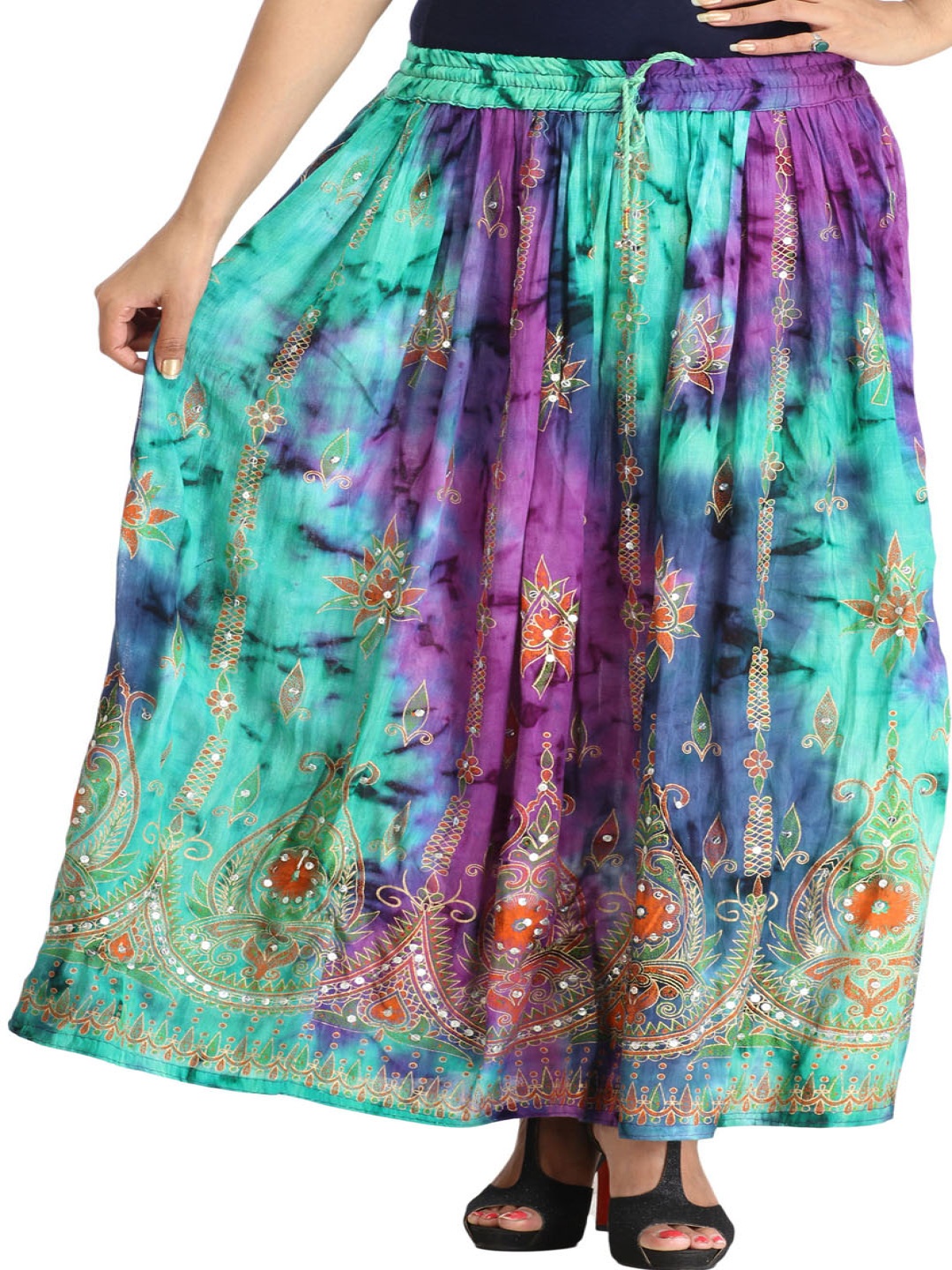

Exotic India Printed Maxi Flared Skirts, Turquoise blue