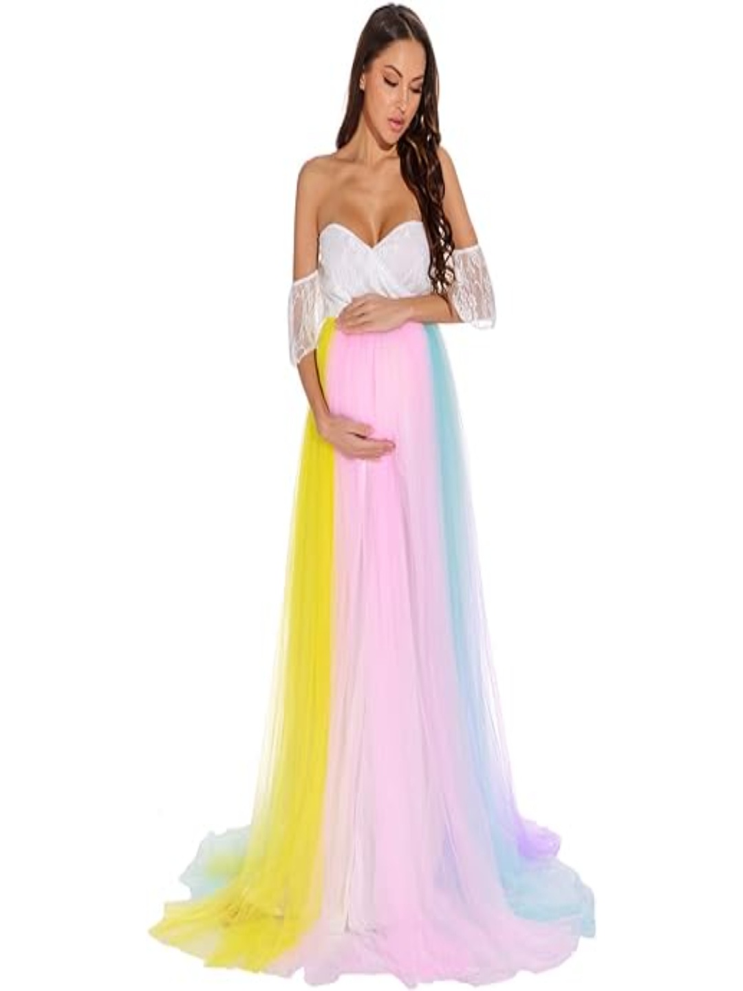 

Babymoon Rainbow Off Shoulder Maternity Gown Dress, Multi