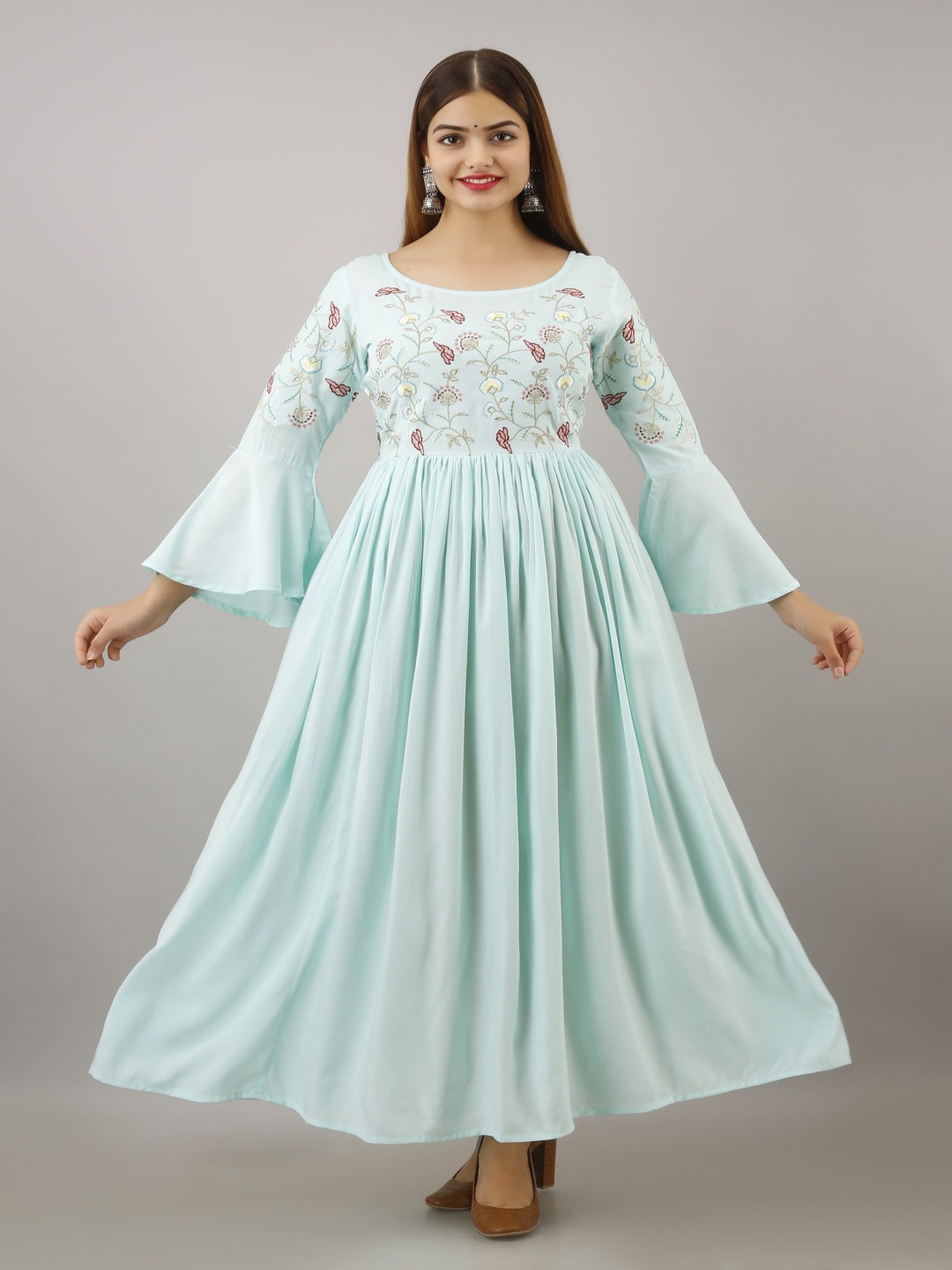 

RANGREAL Floral Embroidered Flared Sleeves Fit and Flare Maxi Dress, Blue