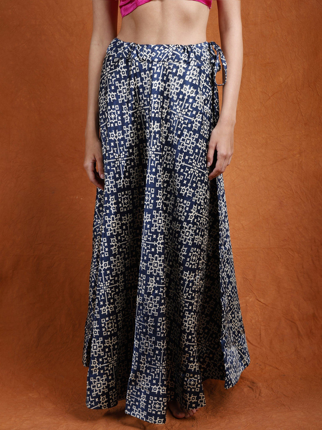 

Exotic India Printed Satin A-Line Maxi Skirt, Navy blue