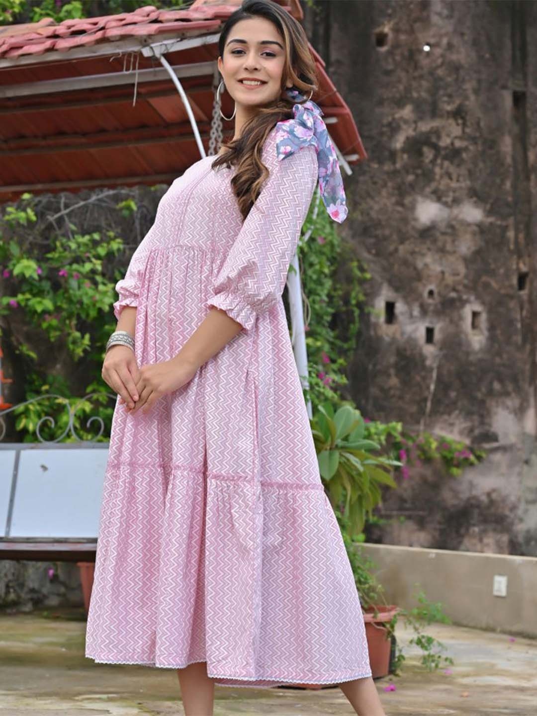 

ARAVALII Printed Flared Midi Dress, Pink