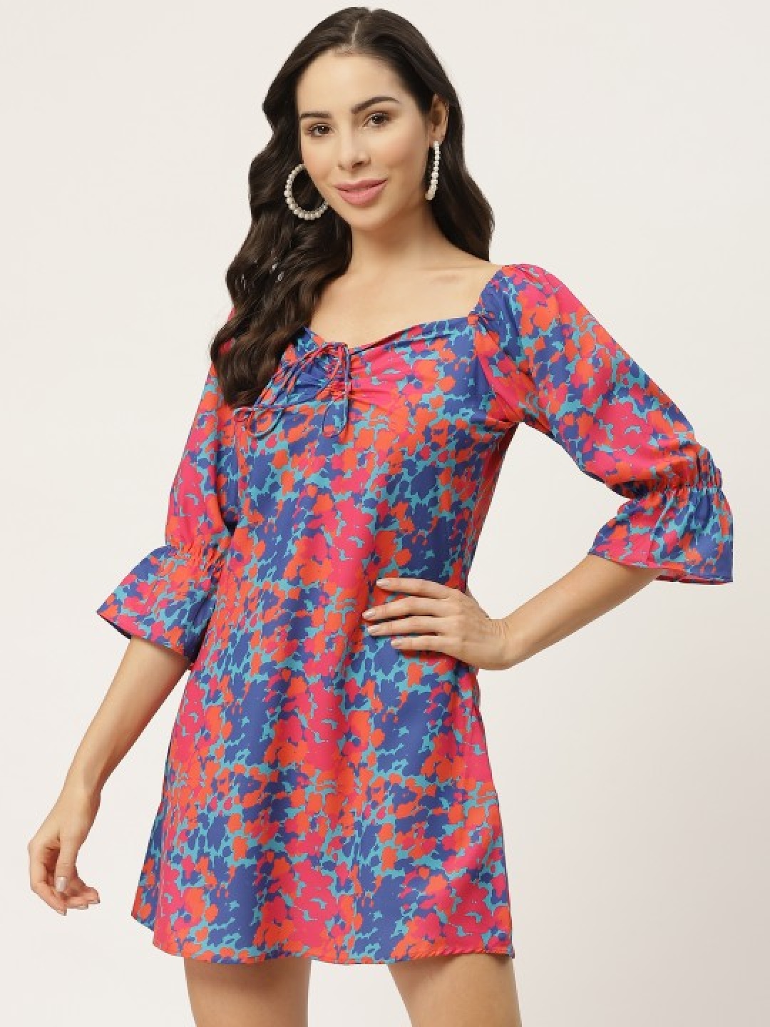 

MELOSOA Printed Sweetheart Neck Bell Sleeve A-Line Dress, Turquoise blue