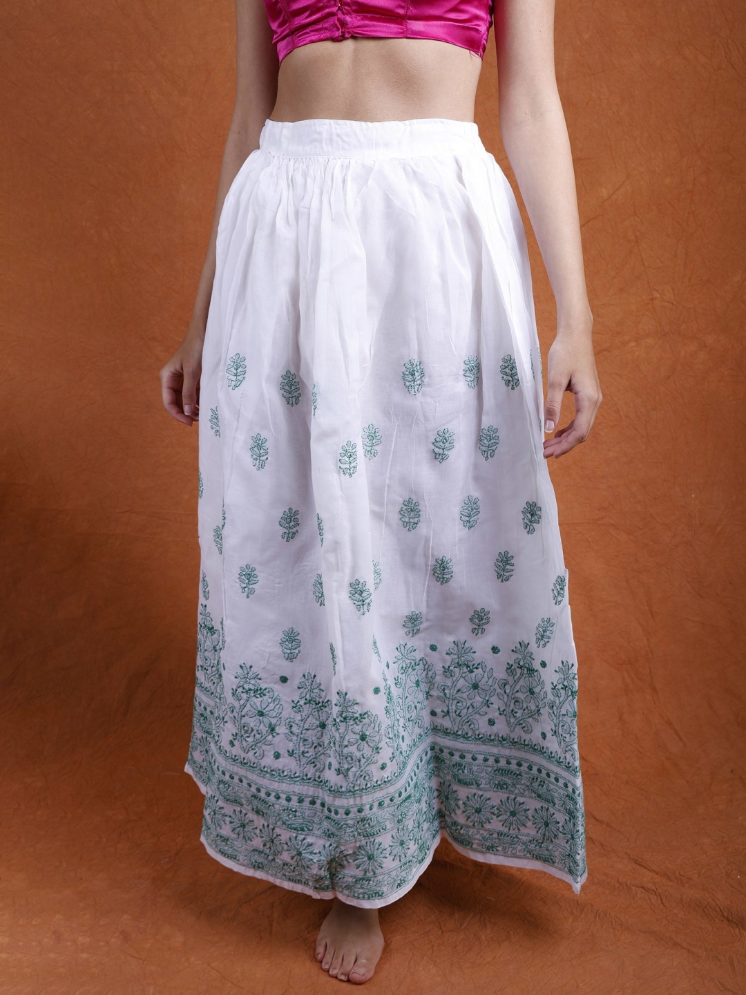 

Exotic India Embroidered Pure Cotton A-Line Maxi Skirt, White