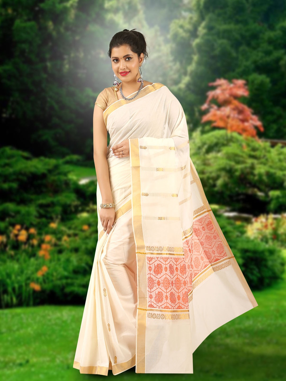 

Rst R Selvamani Tex Ethnic Motifs Zari Pure Cotton Kasavu Saree, Off white