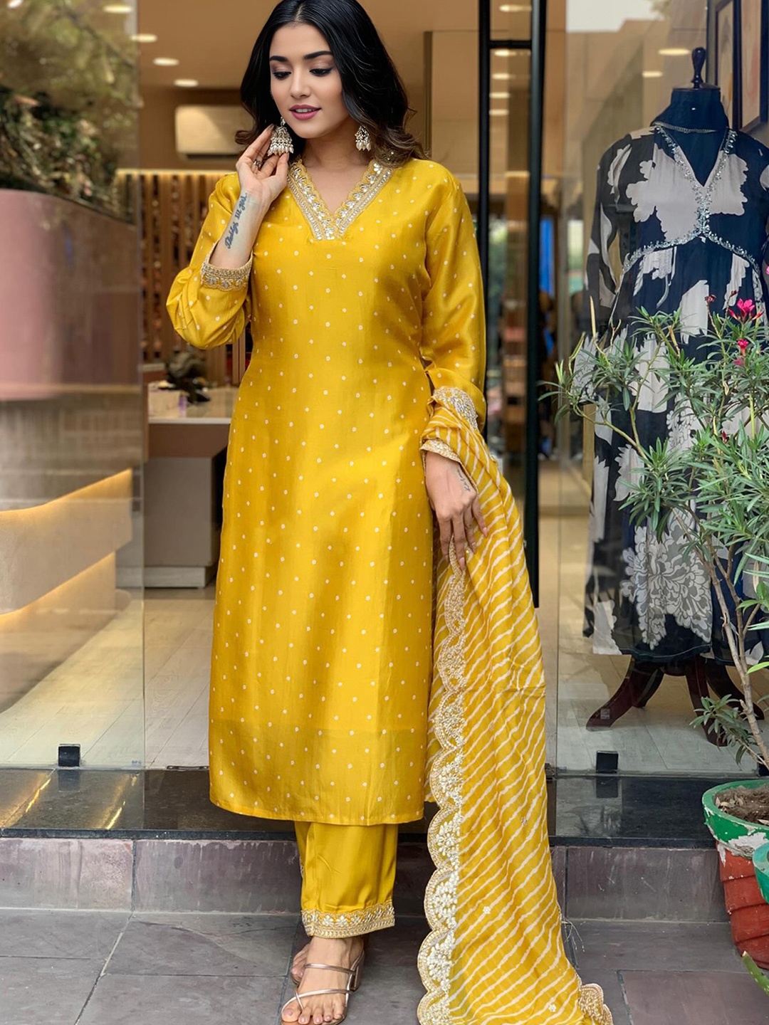 

KALINI Embroidered Regular Sequinned Kurta with Trousers & With Dupatta, Yellow