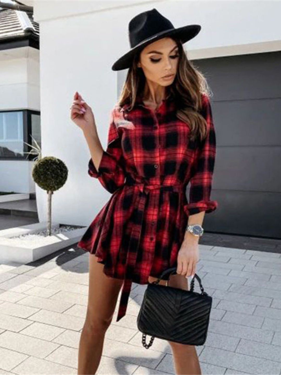 

DressBerry Red Checked Shirt Collar Cuffed Sleeve Shirt Dress