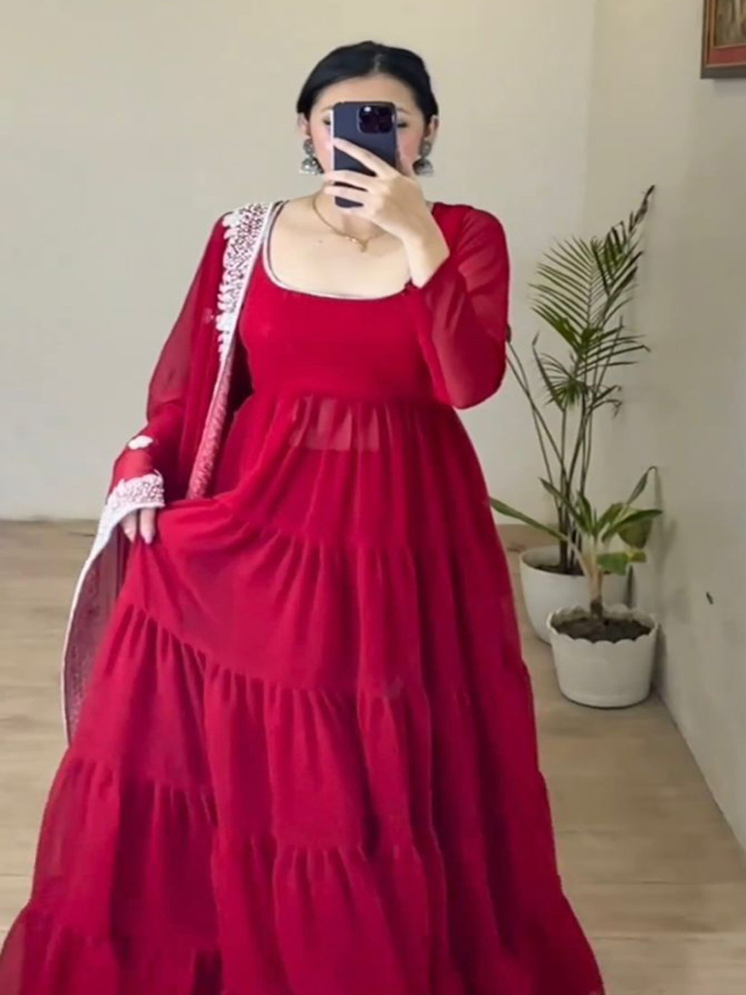 

Fashionuma Tiered Sequinned Anarkali Kurta with Palazzos & With Dupatta, Red