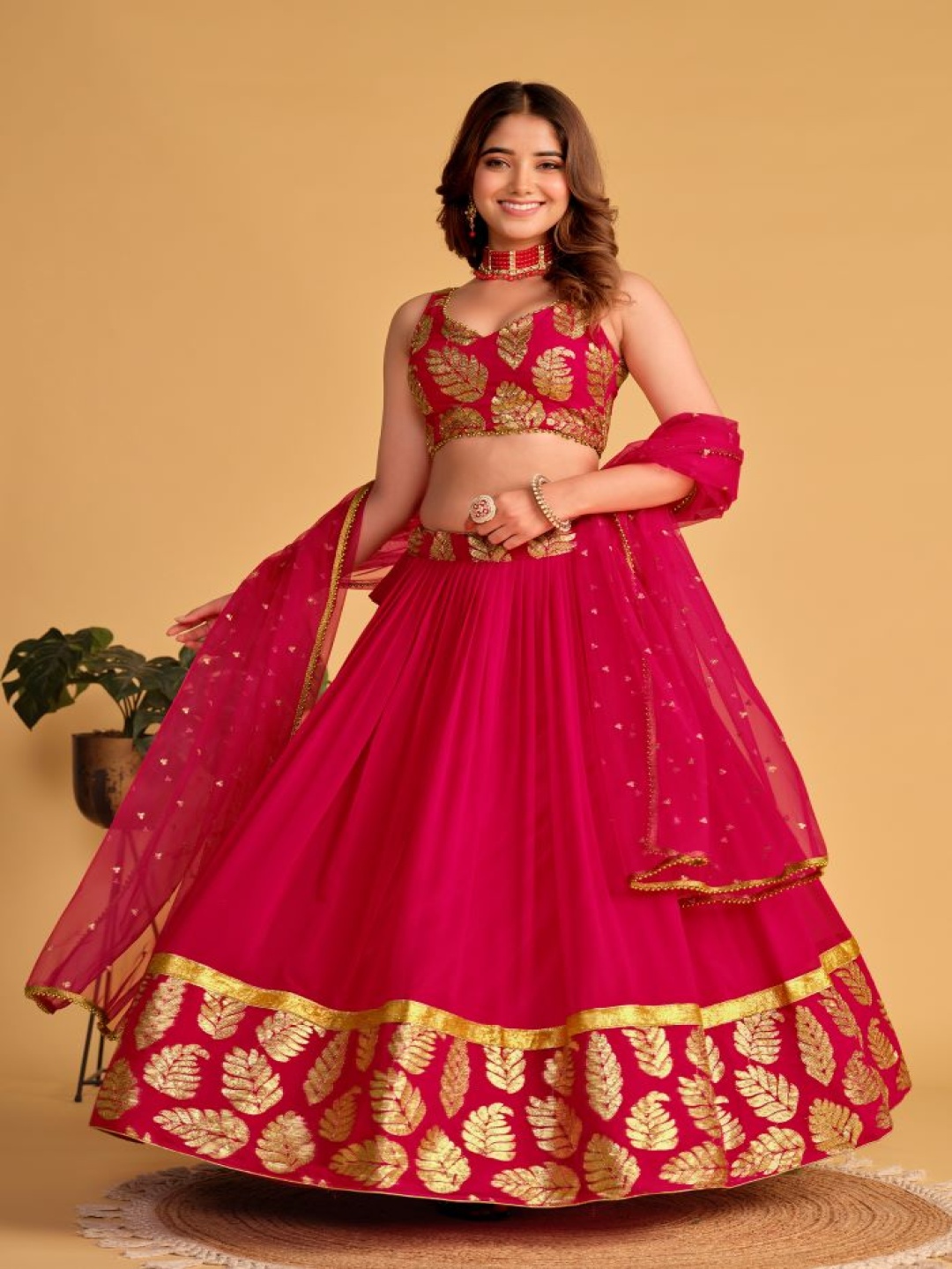 

YOYO Fashion Embroidered Semi-Stitched Lehenga & Blouse With Dupatta, Pink