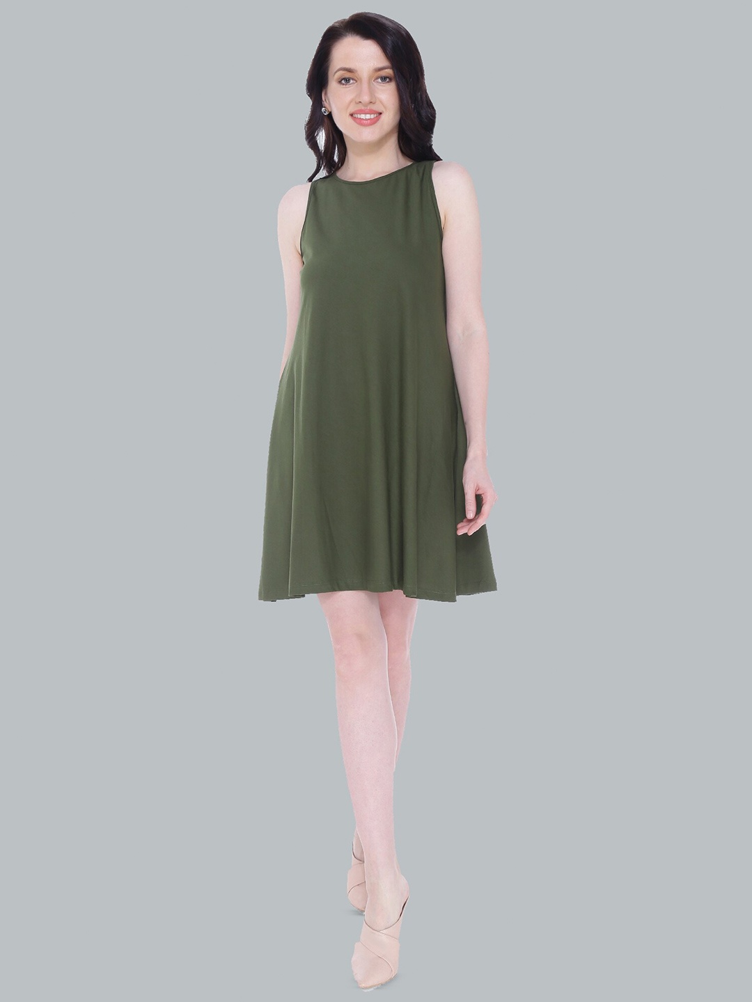 

Autumn Hues Cotton Round Neck Sleeveless Casual A-Line Dress, Olive