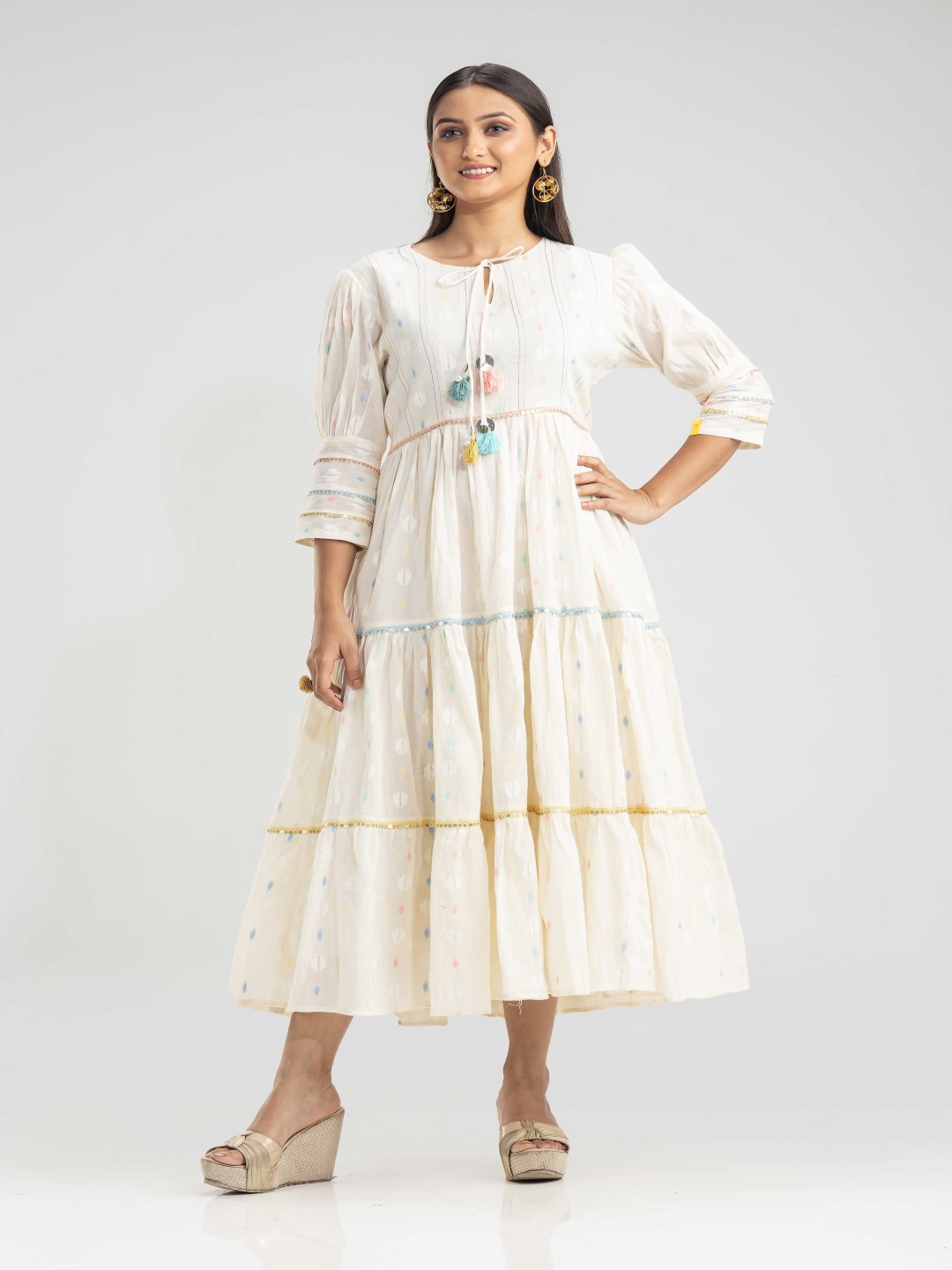 

SACRED SUTA Self Design Embroidered Puff Sleeves Cotton Tiered Fit and Flare Midi Dress, White