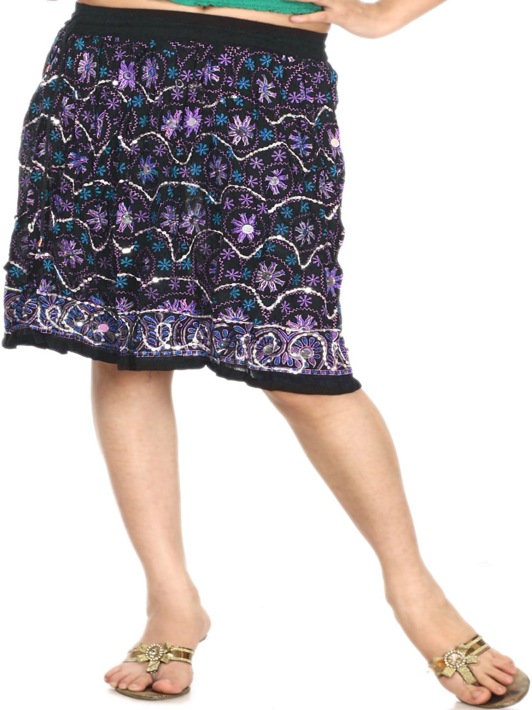 

Exotic India Floral Printed With Embroidered Pure Cotton Midi Skirt, Black