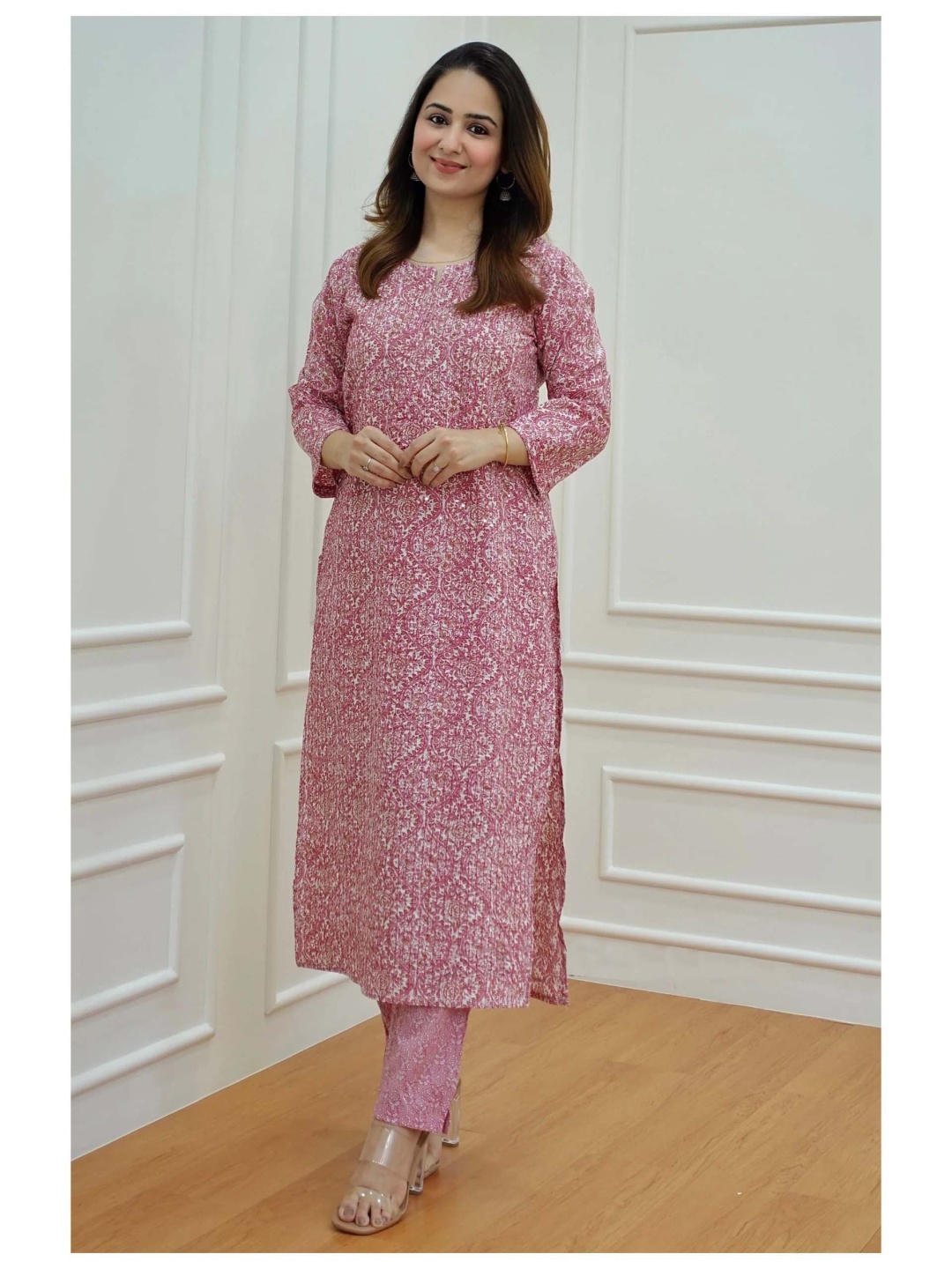 

KALINI Floral Printed Round Neck Regular Straight Kurta With Trousers & Dupatta, Pink