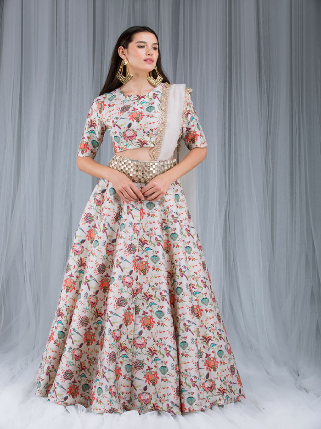 

Payal Singhal Printed Mirror Work Ready to Wear Lehenga & Blouse With Dupatta, Off white