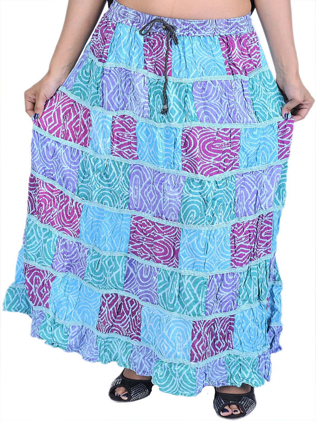 

Exotic India Printed & Patch Work Gujarat Boho Long Skirt, Blue