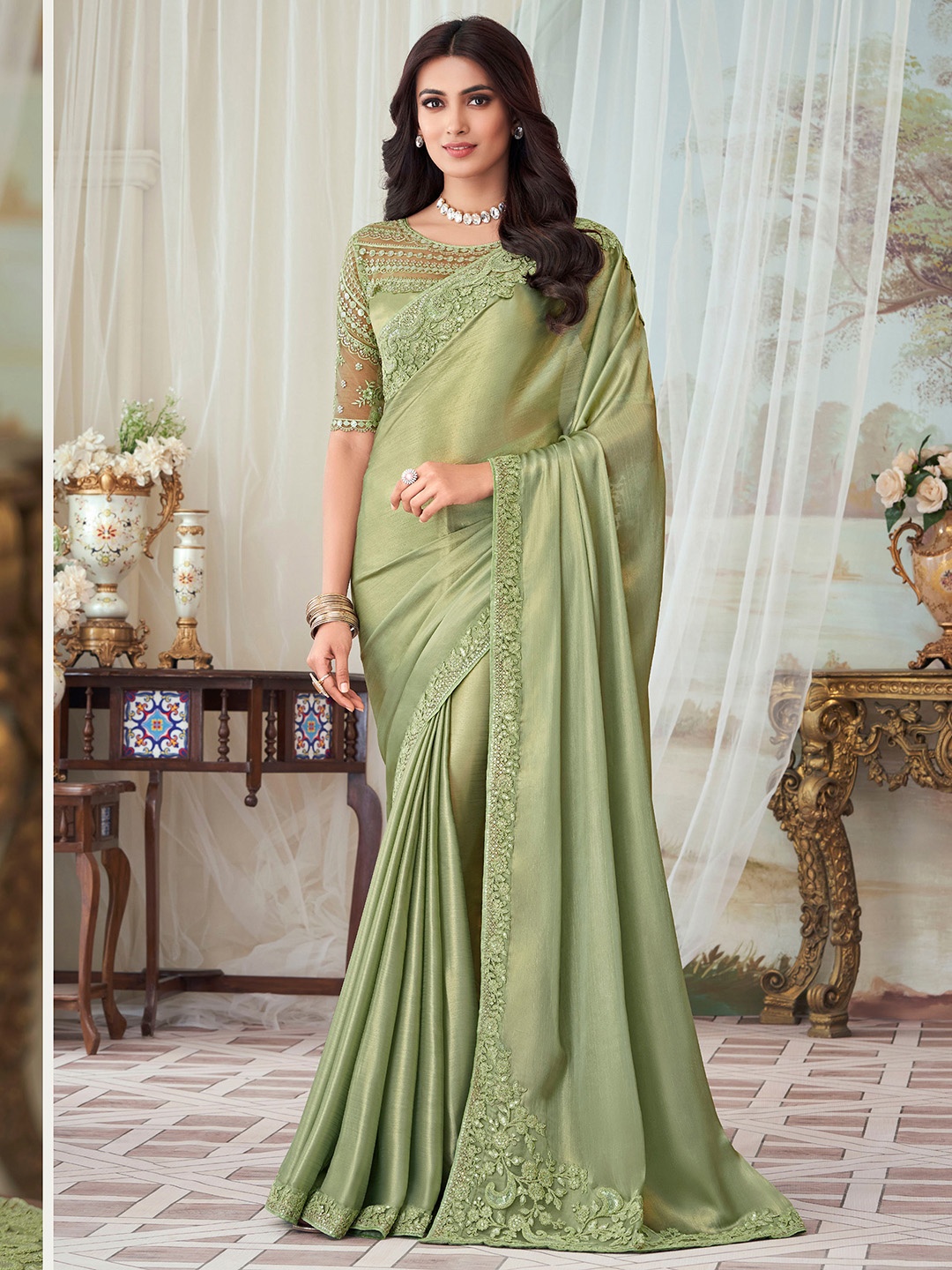 

Saree mall Embroidered Sarees, Olive