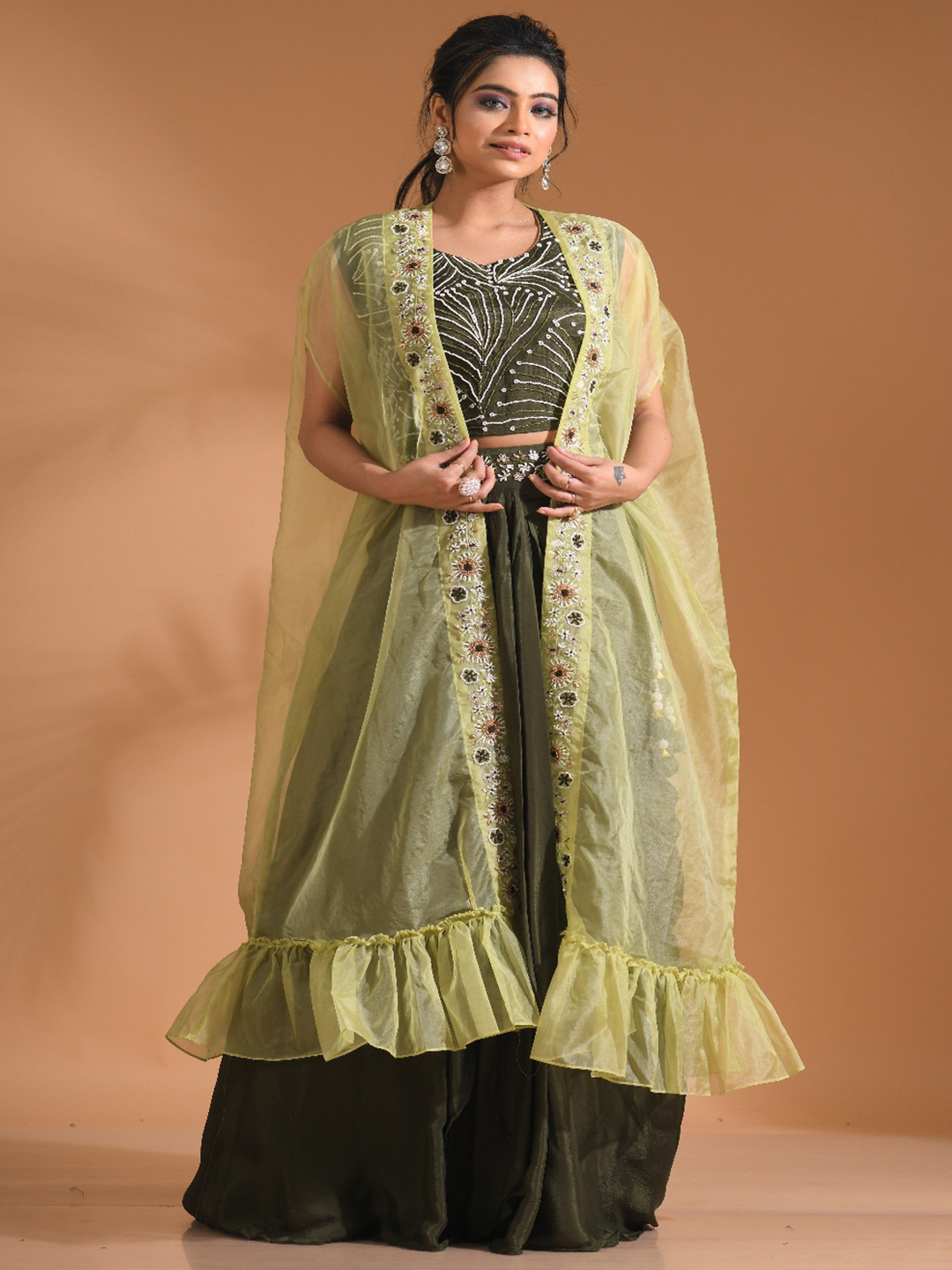 

Morchari Embroidered Round-Neck Co-ords with Jacket, Green