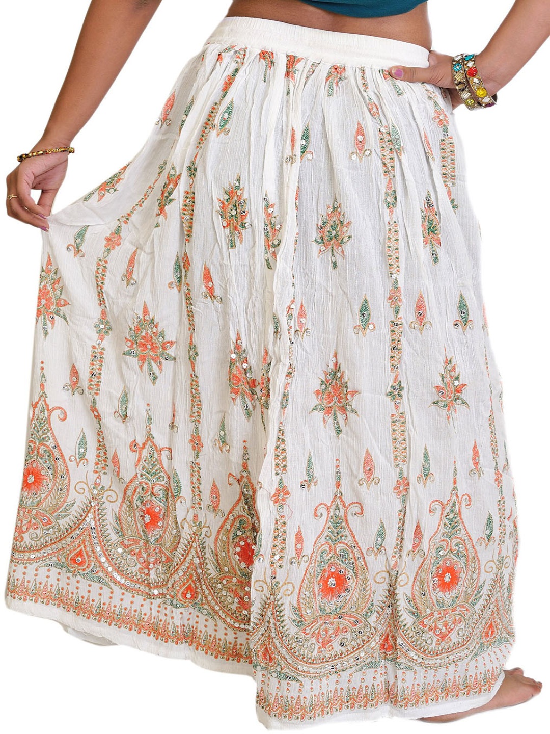 

Exotic India Printed A-line Maxi Skirts, White