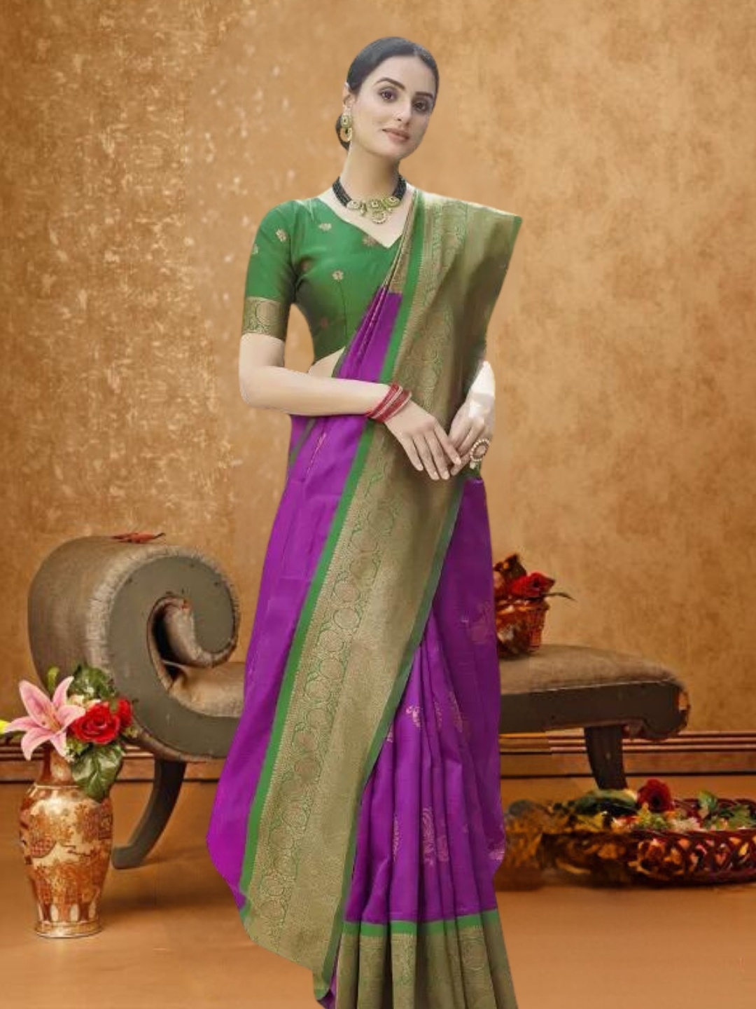

KAZIA Woven Design Zari Dharmavaram Saree, Purple