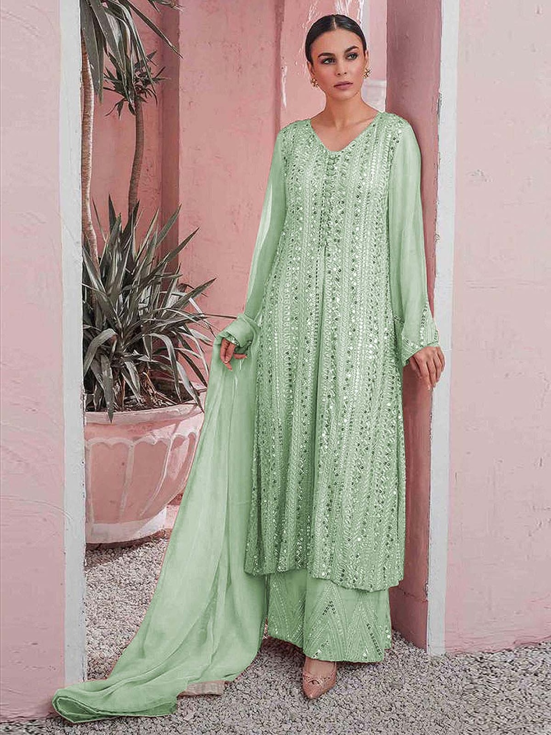 

ODETTE Women Embroidered Regular Kurta with Palazzos & With Dupatta, Sea green