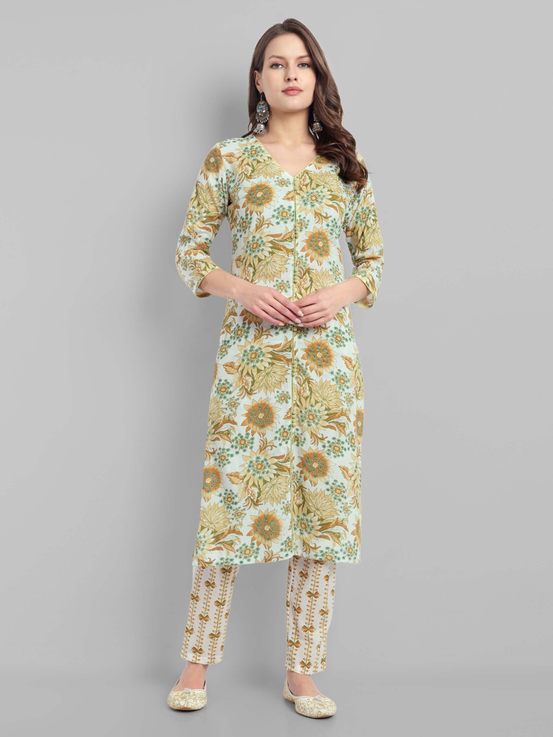 

LYCHNIS Floral Printed Pure Cotton Straight Kurta With Trousers, Green