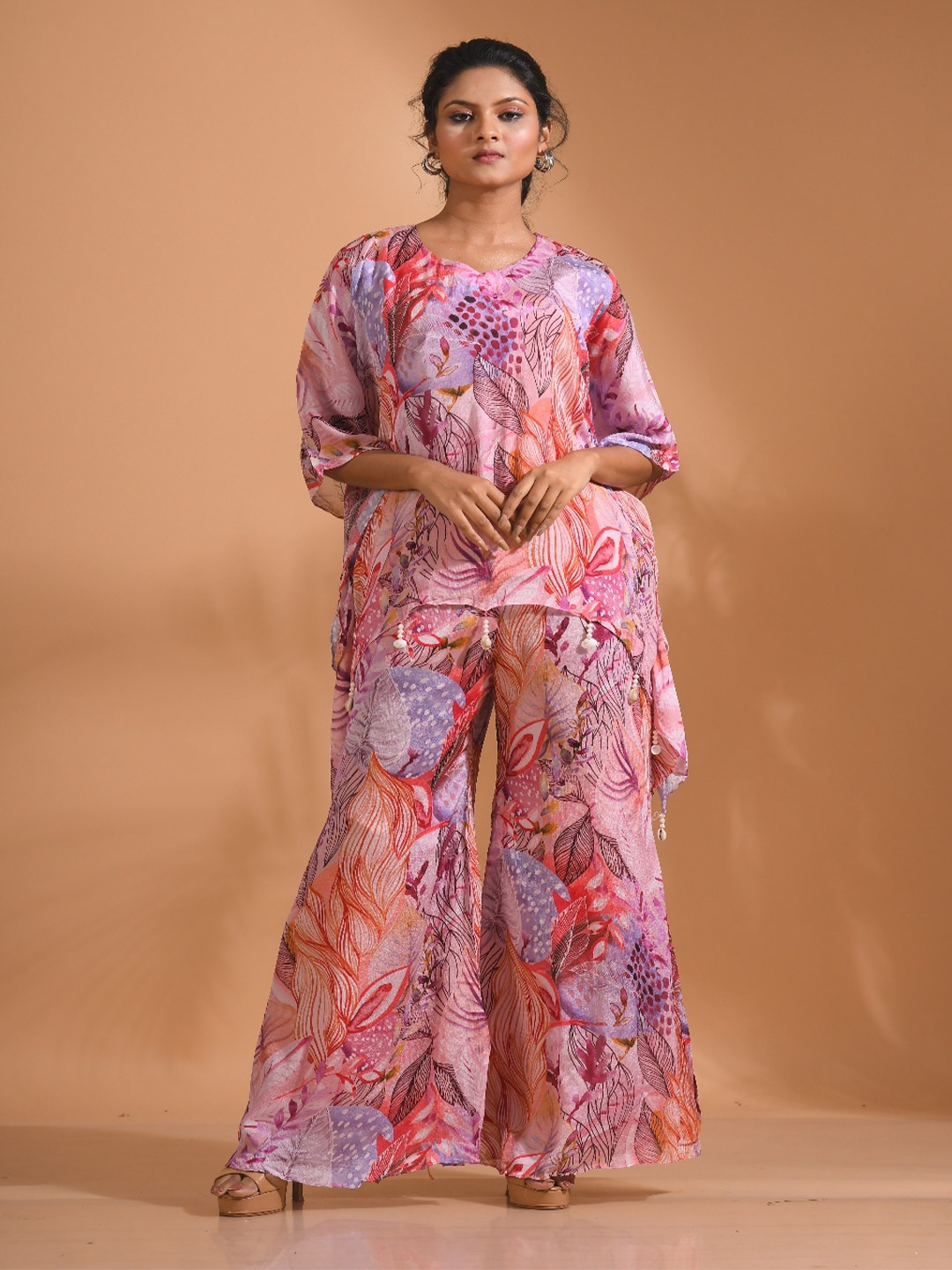 

Morchari Printed Kaftan Shaped Top With Trousers Co-Ords, Pink