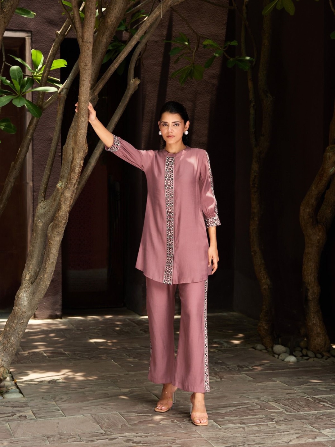

KAJREE Embroidered Pure Cotton Top With Trousers Co-Ords, Pink