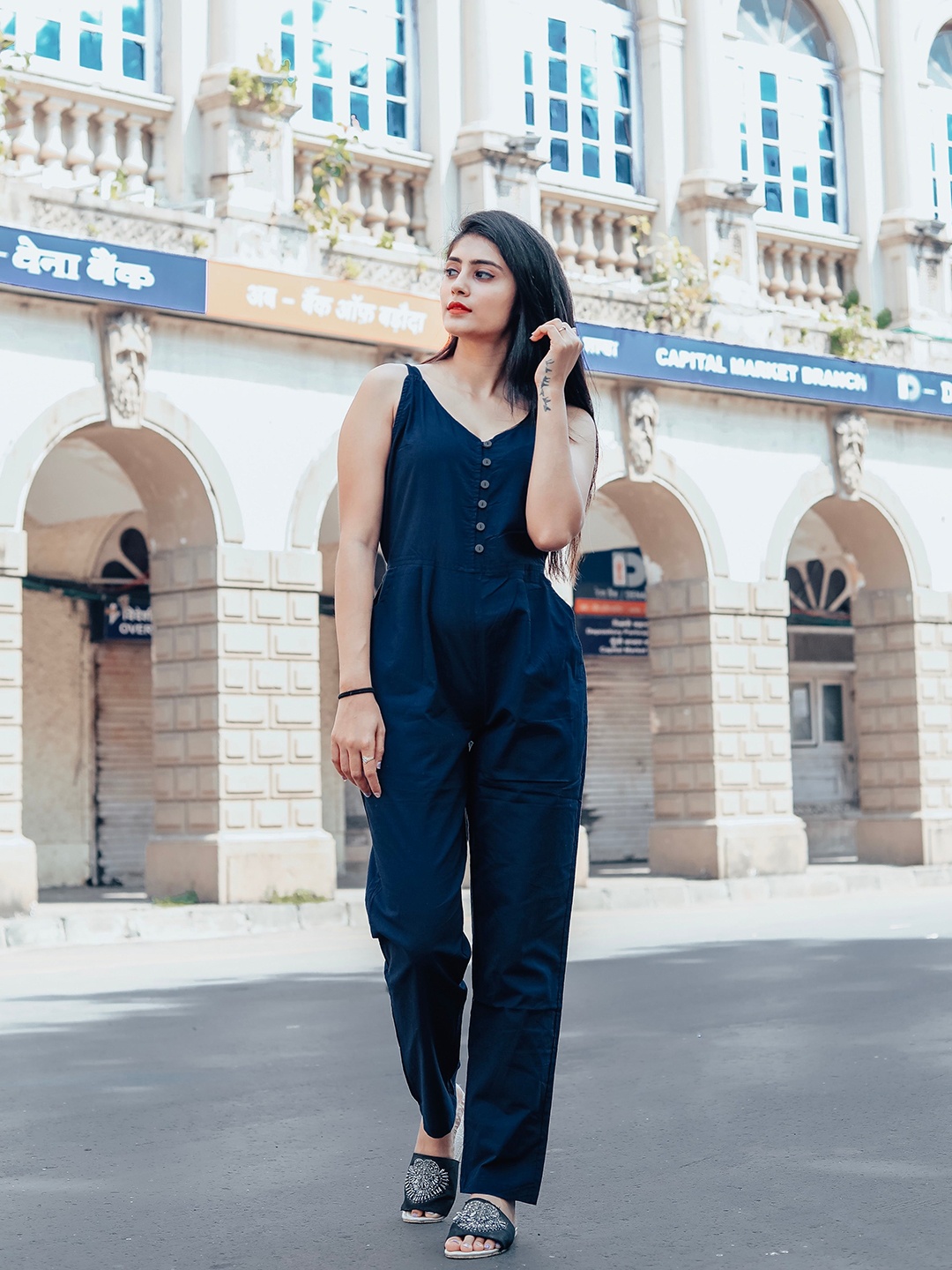 

Chandbaali V-Neck Cotton Basic Jumpsuit, Blue
