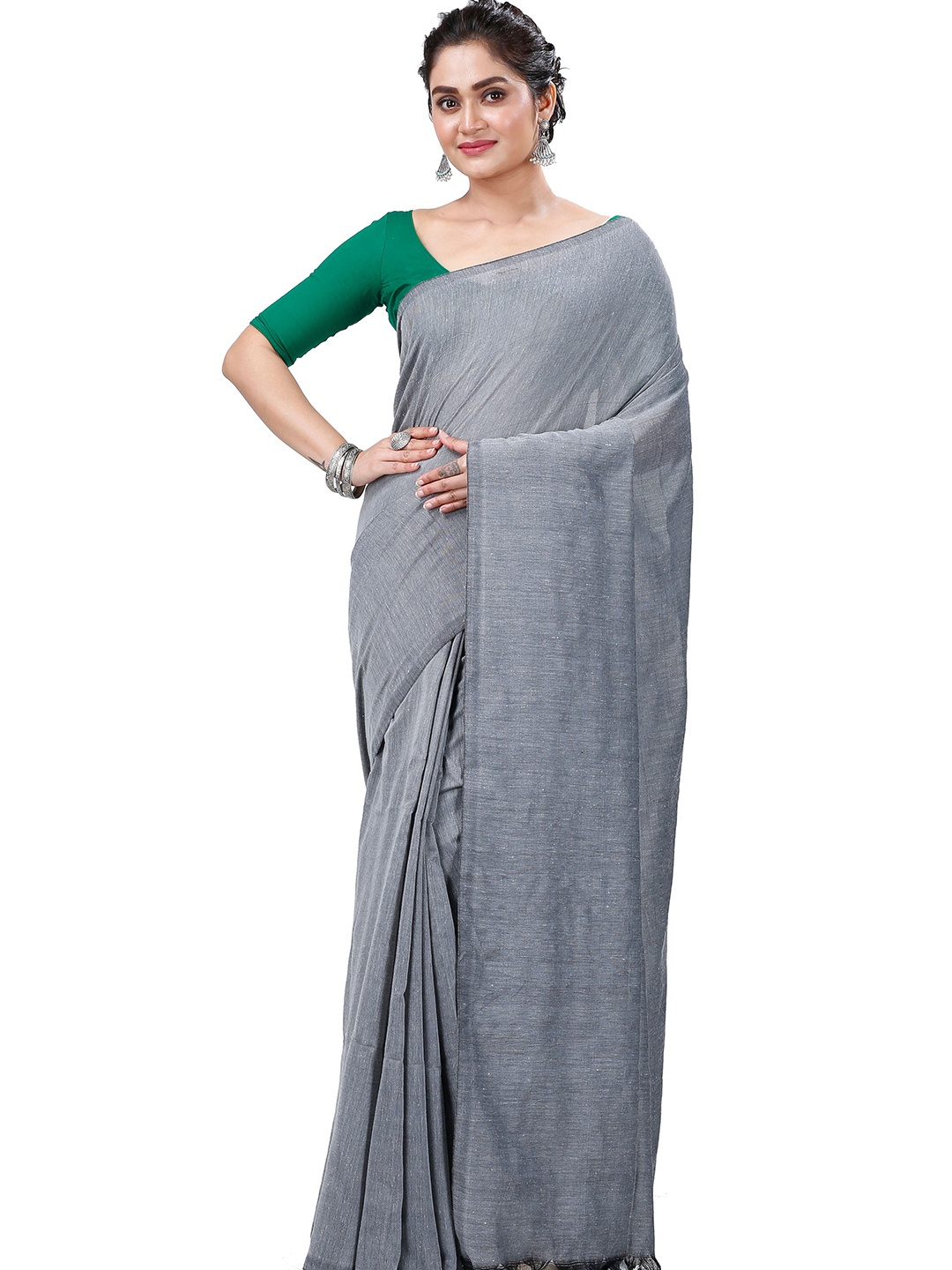 

PuJoy Pure Cotton Taant Saree, Grey